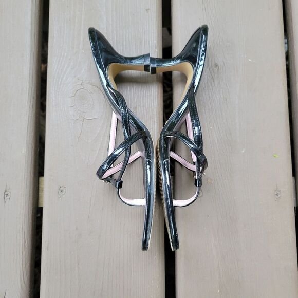 Vintage 90s Y2K Black Faux Leather Rhinestone Rachel Green Kitten Heel Sandals - Picture 3 of 9